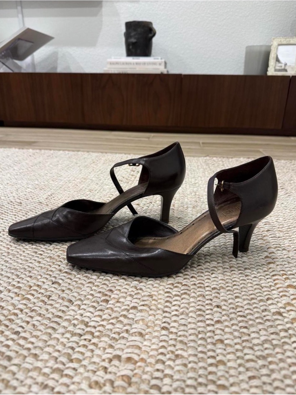 Classic Women's Pointed-Toe Ankle-Strap Heels in Dark Brown